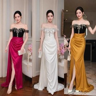 SIZE>60KG LUXURY OFF-Shoulder Dress with Stone and Mesh Pleated Waist Dress