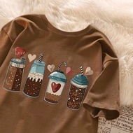 【220G 100%Cotton】SISI Korean retro pure cotton beverage print brown oversized T-shirt for women 0704