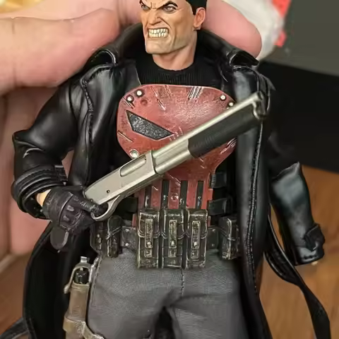 1/12 Scale Strong Male The Punisher Black PU Leather Windbreaker Top Pants Clothes Model for 6'' Mez