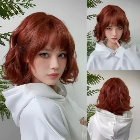 Allbell Magique Short Wavy Wig Bob Curly Wig With Bangs Dirty Orange Lolita Wigs Natural Synthetic W