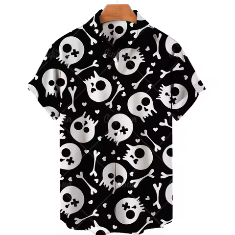 2024 Fashion Men's Short Sleeve 3d Skull Print Hawaiian Shirts Summer Casual Tops Beach Shirts For M