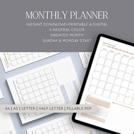 Monthly Printable and Electronic Planner, Undated Planner, Goodnotes