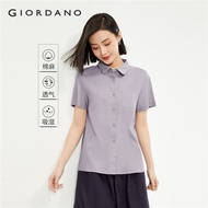 GIORDANO ผู้หญิง เสื้อเชิ้ต เสื้อเชิ้ตผ้าฝ้ายลินินน้ำหนักเบา กระเป๋าเดี่ยว เสื้อเชิ้ตแฟชั่นคอกลมแขนส