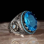 Cincin Pria Fashion Perhiasan Aquamarine Kristal Berlian Biru Baja Titanium Perak Antik Silver Rings
