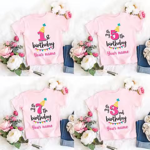 Personalized Girl Birthday Cartoon T Shirt for Girls Tshirt Number 1 2 3 4 5 6 7 8 Graphic Kids Clot