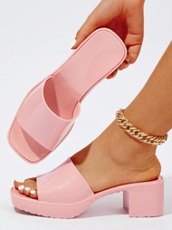 女士單帶防水台粗跟涼鞋,時尚粉色塑膠穆勒涼鞋