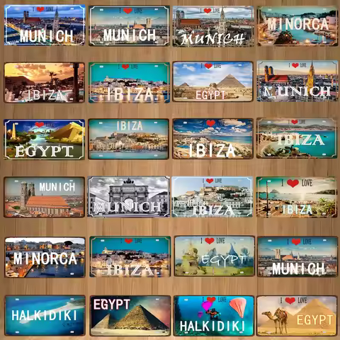 【YZFQ】30X15CM Egypt Ibiza Munich Halkidiki Minorca City Island Metal Tin Sign Travel Souvenir Wall H