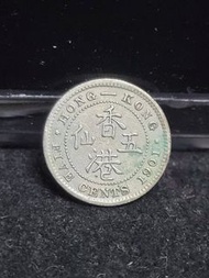 香港1901年(尾年) 維多利亞 五仙 銀幣 (FIVE CENTS)流通品相，品相如圖,掛號$20