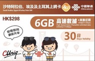 (沙特阿拉伯、埃及及土耳其) 30日6GB +限速任用4G上網卡 30日/6GB（2026/6/30最後啟用）
