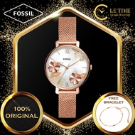 [Authentic *FREE BRACELET*] Fossil Jacqueline Three-Hand Rose Gold Stainless Steel Mesh Strap Women 