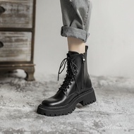 ZZAuthentic Leather Low Heel Dr. Martens Boots Women2023New Autumn British Style Motorcycle Boots Black Short Boots Fem