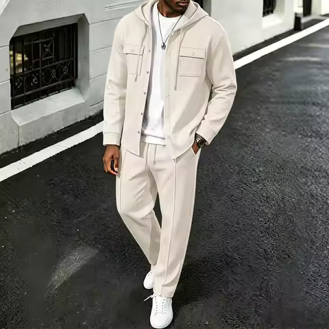 Men Waffle Hooded Jacket Pants 2 Piece Set, Multi Pocket Button Coat & Drawstring Trousers, Autumn C