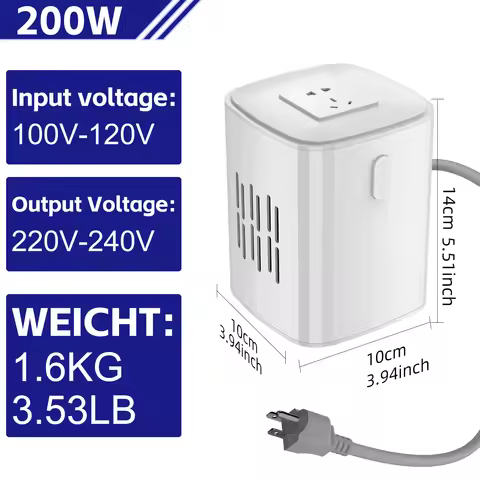 Small portable voltage converter transformer, 200W, 110V to 220V and 220V to 110V step-up/step-down 