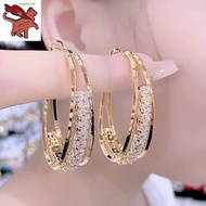 【Ready Stock】Gold 916 Original Earrings zircon hoop earrings niche design light luxury high-quality temperament earrings 2023 new trendy women