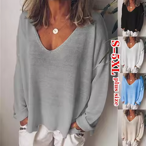T Shirt Women New Fashion 2024 Selling Casual V-neck Cotton Blend Solid Color Long Sleeve t-shirt Wo