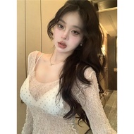 y2k y2k Women's Clothing Translucent Tops Hot Girls Heavy Industry Diamond-Studded Lace Perspective 