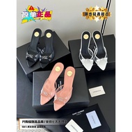 Saint Laurent YSL26 Transparent Square Toe High Heel Sandals - Permeable Rhinestones & Metal Decorat