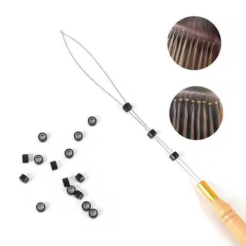Professinal 2.9mm nano ring needle threader wood Loop Pulling Needle Wood Handle Needle Feather Hair