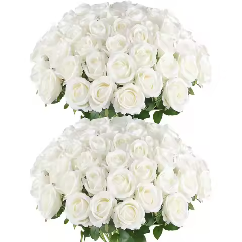 50 Pcs Artificial Roses In Bulk, Fake Silk Roses Realistic White Roses For Wedding Centerpieces Flow