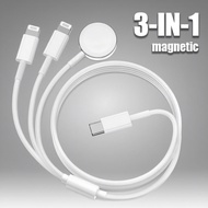 3-In-1 Magnetic Watch Fast Charging Cable, Type-C To 2 Lightning + Magnetic Charger, Compatible With