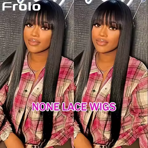 Bone Straight Human Hair Wig With Bangs Glueless Wigs Full Machine Wig 220 Density 3x1 HD Lace Front