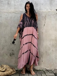 Womens Open Shoulder Long Beach Dress Bohemian Vintage Halo Dyeing Robe Oversized Kaftan FashionWome