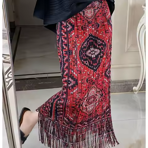 Ethnic Style Pleated Printed Skirt Retro Draped Tassel Straight Skirt
