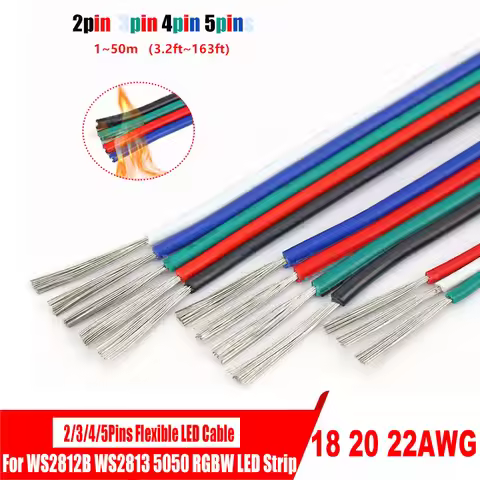 2/3/4/5 Pin PVC Cable 18AWG 20AWG 22AWG Cable 1-50m(3.2ft-163ft) RGB LED Strip Extension Cable for L