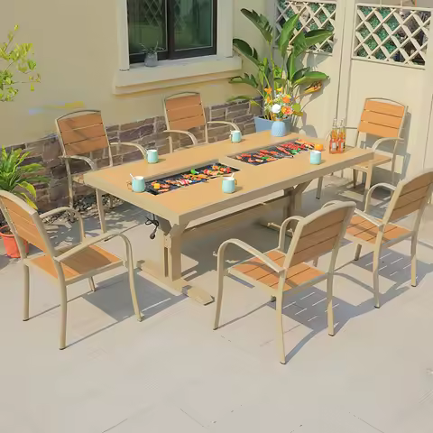 Leisurer Aluminum Frame Restaur Outdoor Patio Balcony Modern Korean BBQ Grill Dine Table Set