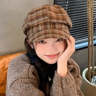 P Plaid Octagonal Fashion Face-looking Small Retro Hat Cute Female Beret Hat Preppy Style High-value
