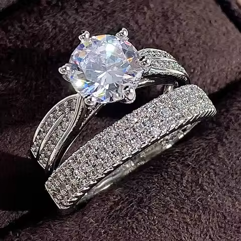 Zircon Wedding Ring Set 2 Piece Set silvery Natural Diamond Ring Couple's Sparkling Diamond Ring