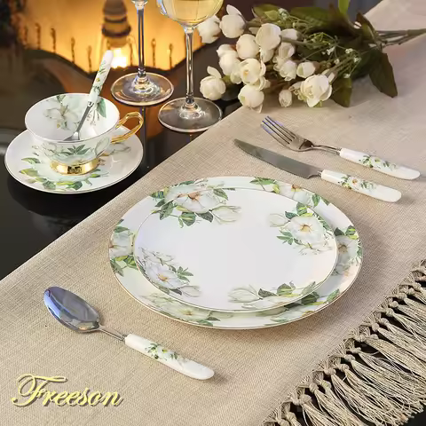 Europe Pastoral Bone China Tableware Set with Fork Knife Dishes Plates British Royal Advanced Porcel