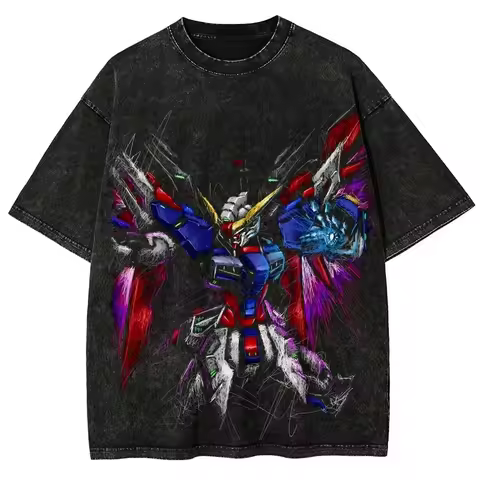 Destiny Gundam T Shirt Men Wings of Light Vintage Acid Wash Mecha Streetwear Breathable Retro Japane