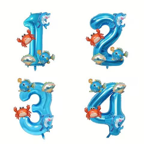 5Pcs Mini Blue Ocean Balloon Set Blue Number Balloon Set Ocean Animals Shark Crab Themed Birthday Pa