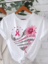 Faith Breast Cancer Awareness Womens Tee - Pink Ribbon & Sunflower Graphic Casual Support Top