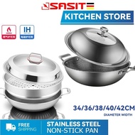 SASIT Germany Honeycomb Wok 304 Stainless Steel Nonstick Wok Gas Household Non-stick Cooker Double Ear Frying Pan Cooker Gas Stove General 36/38/40cm