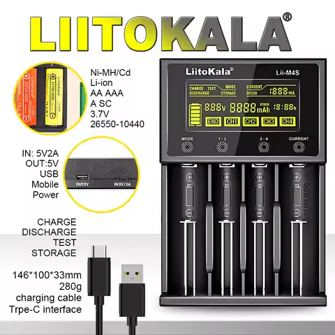 LiitoKala LCD Display Fast Charging Auto-Detect 18650/AA/AAA Multi-Protection USB-C Input Lii-M4S/M4