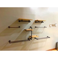 (Combo Set) 7 Piece Loft Style Natural Solid HardWood + Galvanized Iron Pipe Wall Mounted Rack.