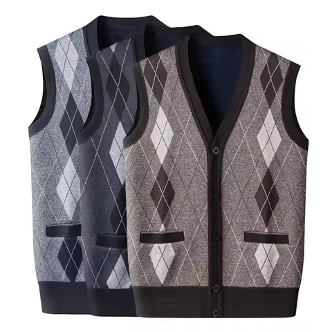 Mens Sleeveless Sweater Vest V Neck Button Down Cardigan Sweaters Knitted Dad's Argyle Vest with Poc