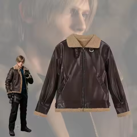 RE4 Remake Leon Jacket Resident Evil Cosplay Costume Men Aviator Bomber Jacket Faux Leather Winter F