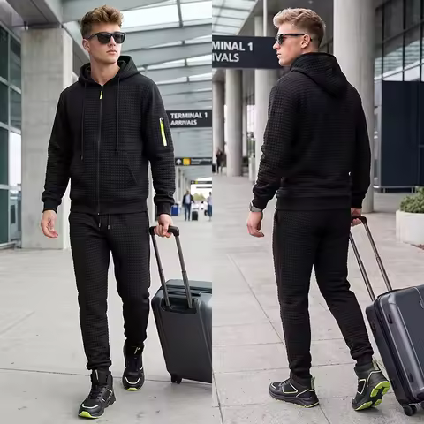 Men's Waffle Jacquard Streetwear Loungewear Casual Athletic Sweatsuit Tracksuit Set Full Zip Hoodie 