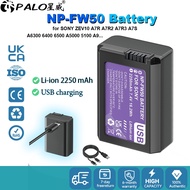 PALO NP-FW50 Battery 2250mAh USB Charging for Sony A5000 A6000 A6400 A7 R A7S A7ii A9ii ZV-E10 NEX 3
