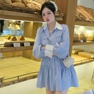 COD[D75] Váy Suông Kẻ Sọc Cổ Sơ Mi Chân Bèo Tiểu Thư Nữ  Women Nhung Áo