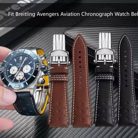 22mm Genuine Leather Watch Band Strap for Breitling Chronomat B01 Superocean with Deployment Clasp F