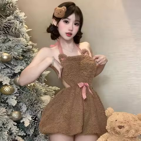 Teddy Bear Fuzzy Halter Dress Women Backless Plush Lingerie Anime Cosplay Outfit