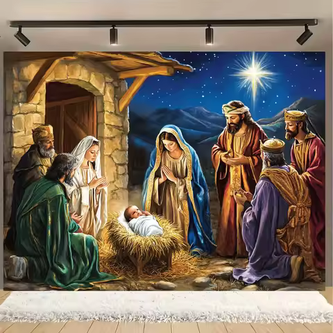 2D flat banner 1PC The birth of Jesus, the starry sky and the three wise men, festival decorations, 