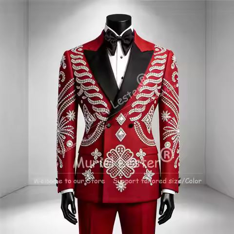 Exquisite Crystals Beading Suits Men For Wedding Double Breasted Jcket Pants 2 PCS Groom Dinner Part