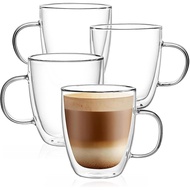 CNGLASS Large Glass Coffee Mugs 12oz,Double Walled Insulated Cappuccino Mug with Handle,Set of 4