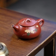 宜興茶壺名家手工紫砂壺原礦大紅袍復古泥繪扁石瓢功夫茶具中式壺