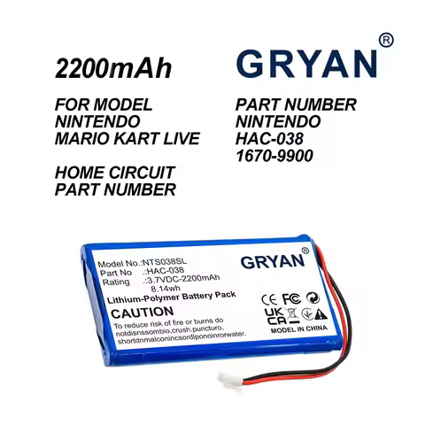 2200mAh 3.7V Li‑Polymer Battery For Nintendo Mario Kart Live Home Circuit HAC‑038 1670‑9900 Game Con